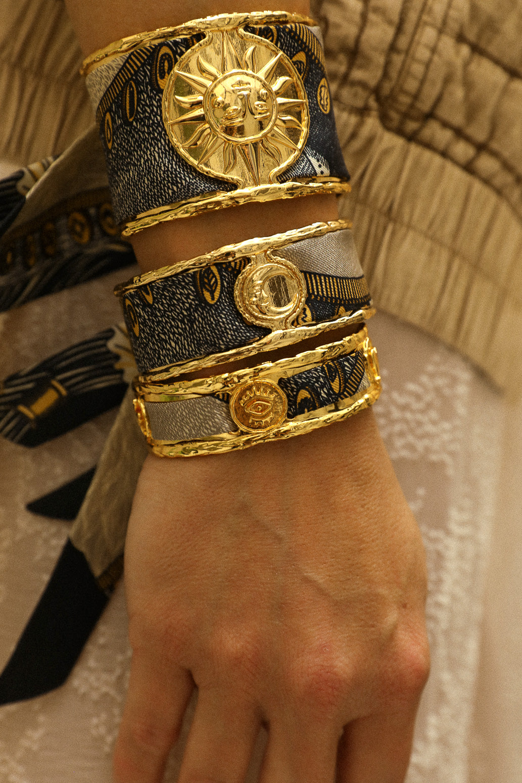 Moon and Bohemian Deer Ribbon Cuff, Black