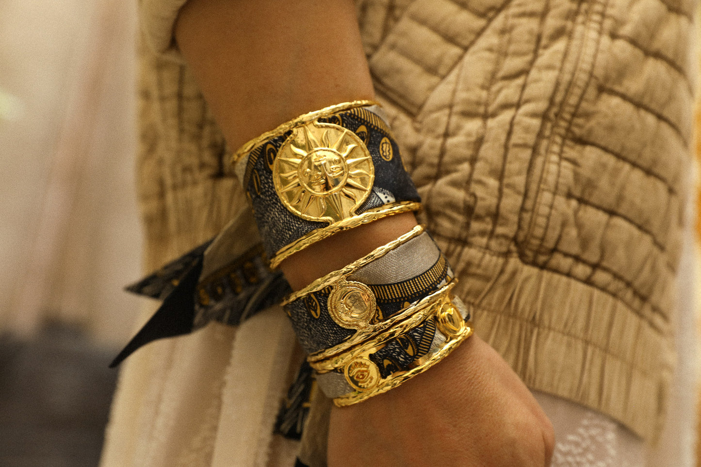 Moon and Bohemian Deer Ribbon Cuff, Black