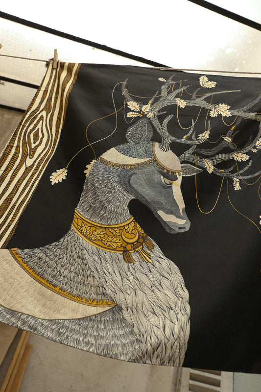 90cm Bohemian Deer Silk Square, Black