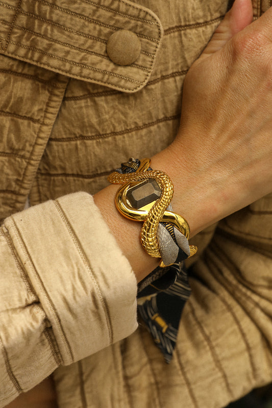 Caiman Cuff with Pyrite and Bohemian Deer Ribbon, Black