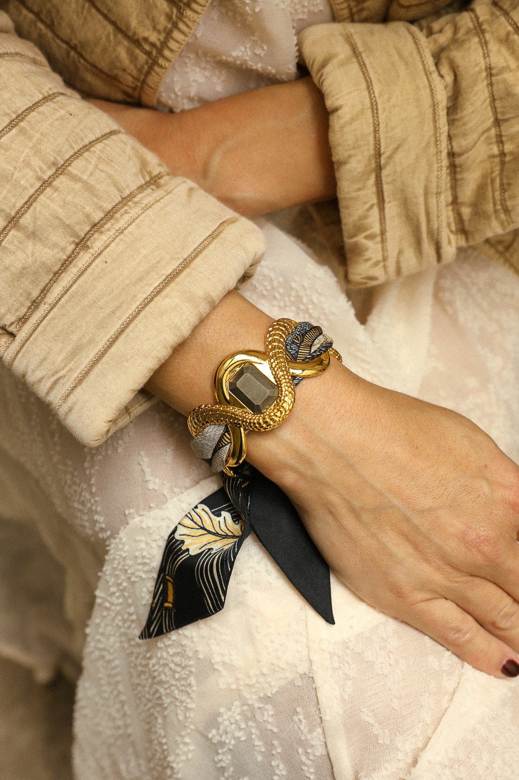 Caiman Cuff with Pyrite and Bohemian Deer Ribbon, Black