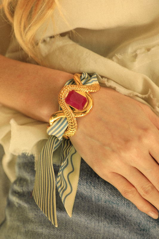 Manchette Caïman Agate fuchsia et ruban Marinière neutre