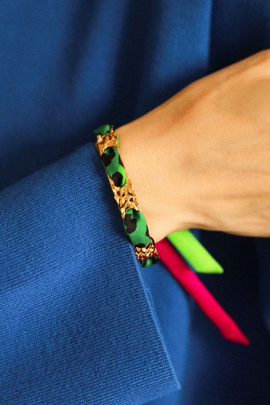 Bracelet Féérie et ruban Le Léopard, vert/rose