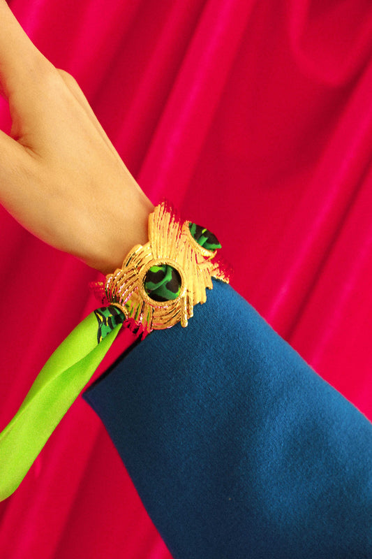 Manchette Céleste et ruban Le Léopard, vert/rose