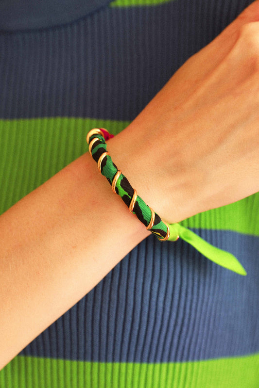 Bracelet Octobre et ruban Le Léopard, vert/rose