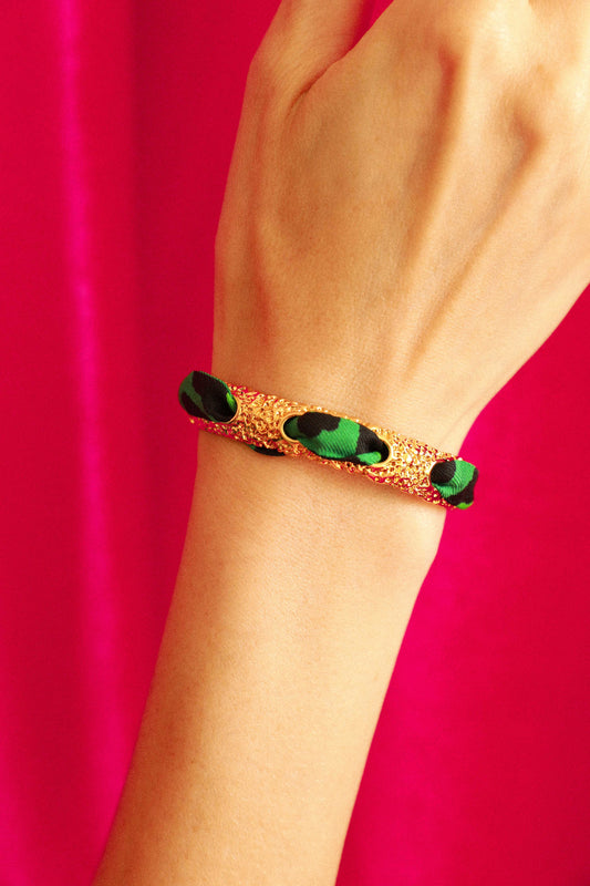 Bracelet Queen et ruban Le Léopard, vert/rose