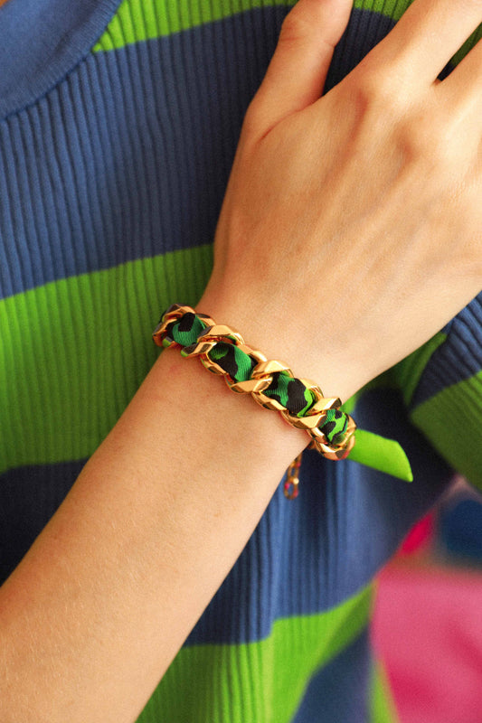 Bracelet Décembre et ruban Le Léopard, vert/rose
