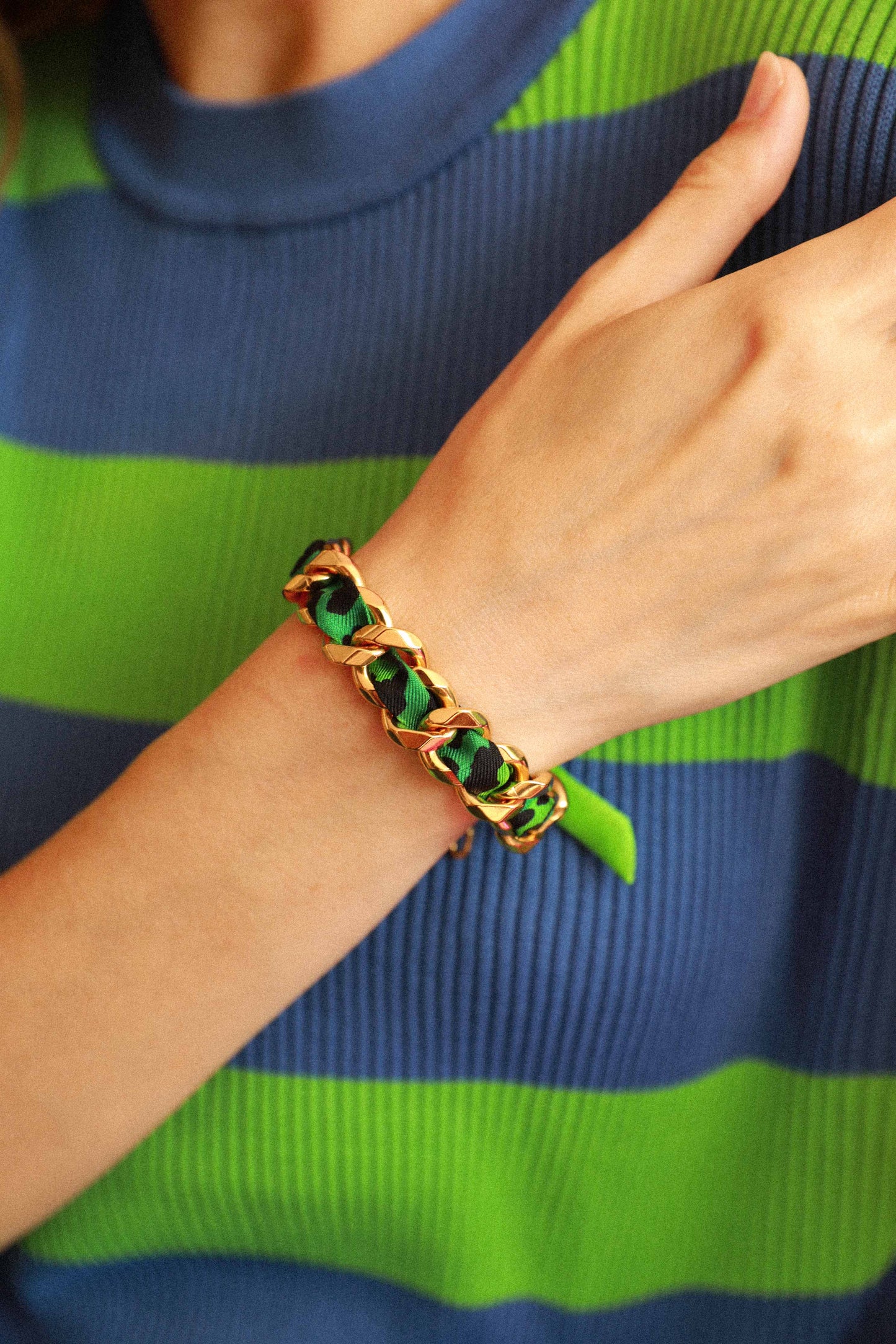 Bracelet Décembre et ruban Le Léopard, vert/rose