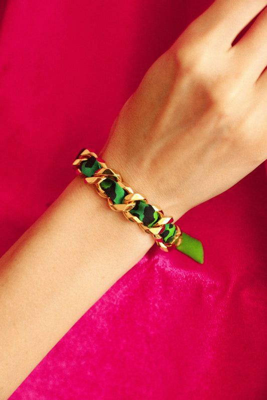 Bracelet Décembre et ruban Le Léopard, vert/rose