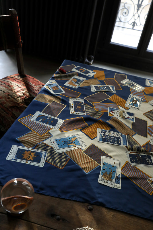110cm silk square Tarot of Marseille, navy blue