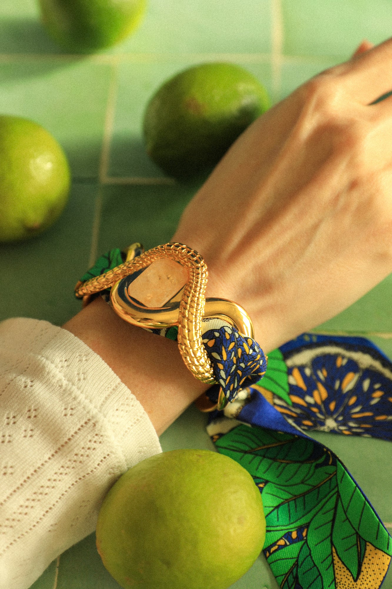 Caiman Cuff with Pink Agate and Summer Ribbon
