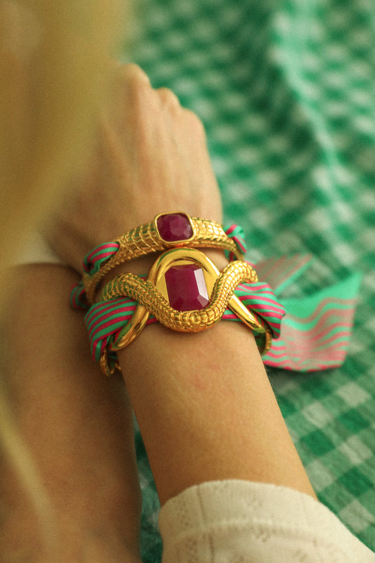 Manchette Caïman Agate fuchsia et ruban Marinière coloré