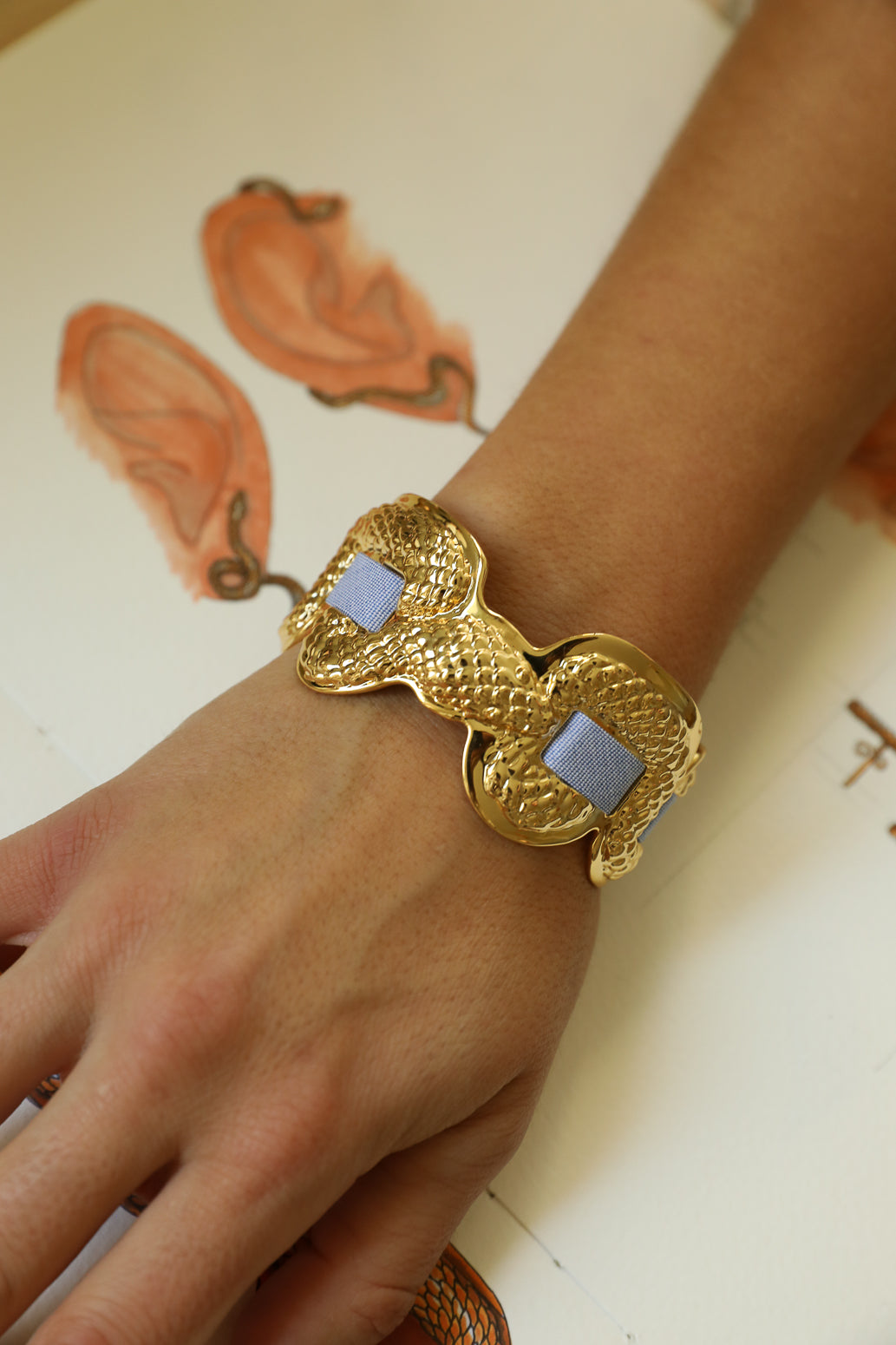 Upcycled Serpentaire cuff with neon pink gingham