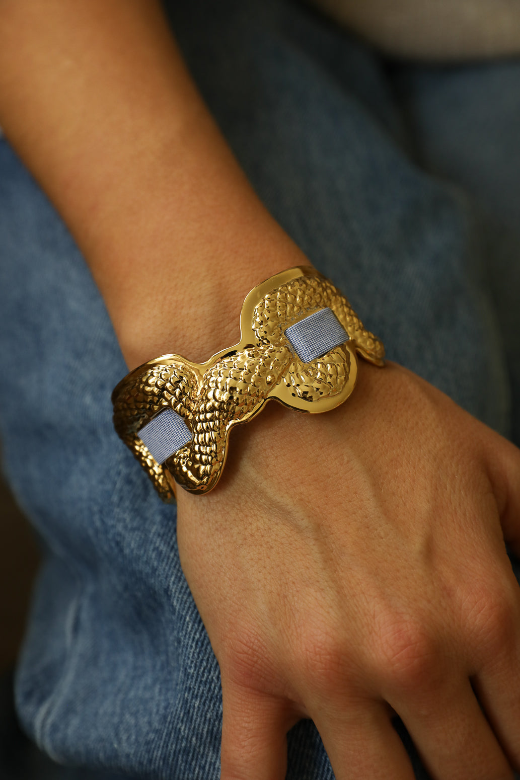 Upcycled Serpentaire cuff with neon pink gingham