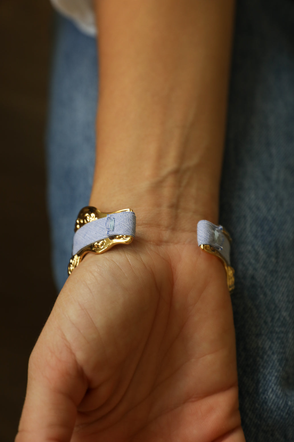 Upcycled Serpentaire cuff with neon pink gingham