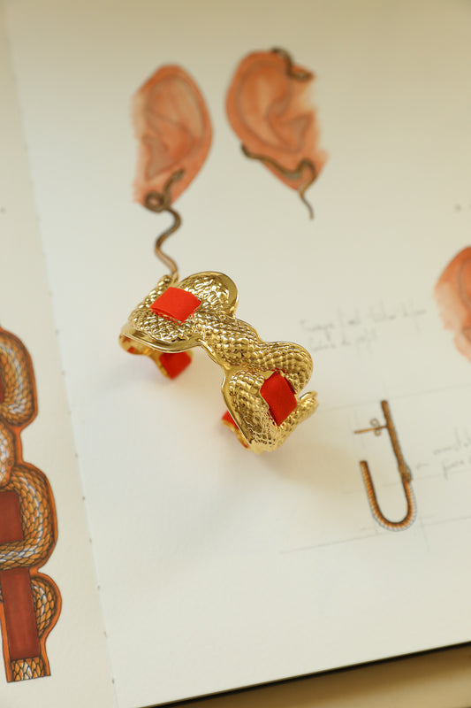 Upcycled Serpentaire cuff with neon pink gingham