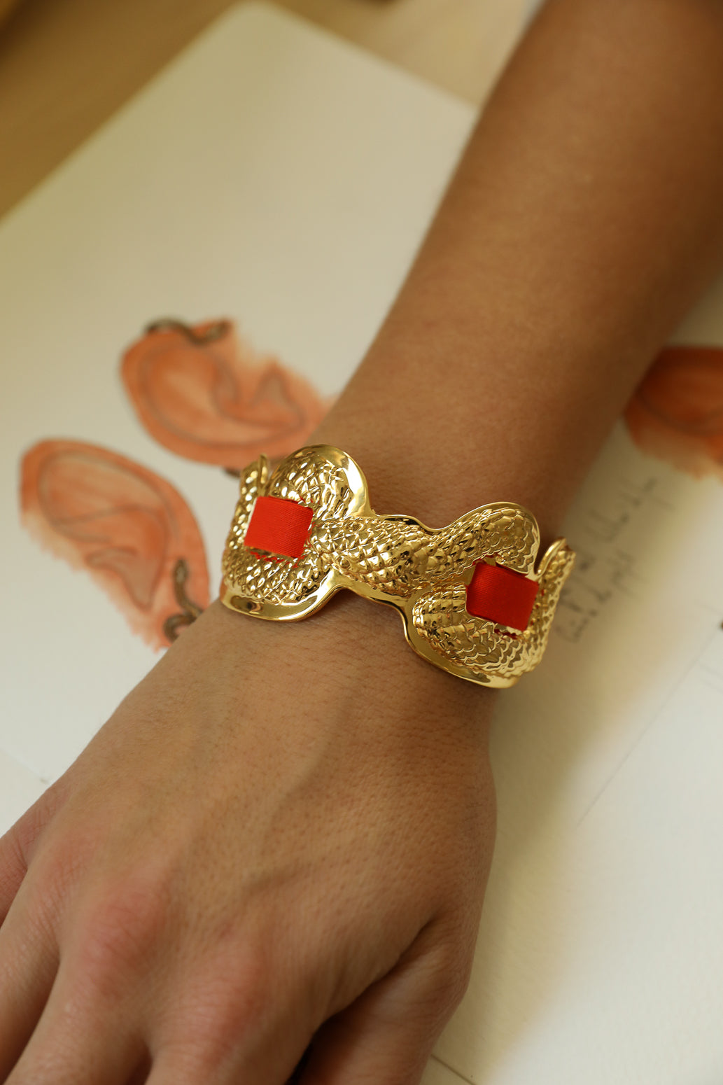 Upcycled Serpentaire cuff with neon pink gingham