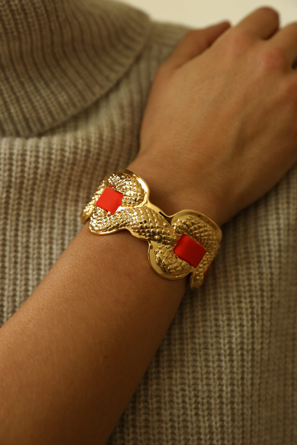 Upcycled Serpentaire cuff with neon pink gingham