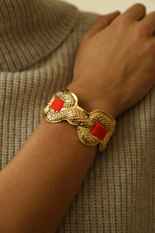 Upcycled Serpentaire cuff with neon pink gingham