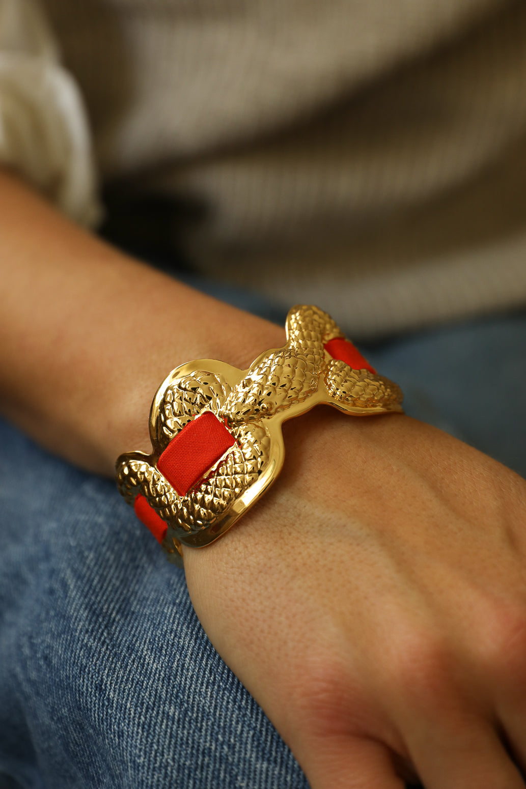 Upcycled Serpentaire cuff with neon pink gingham