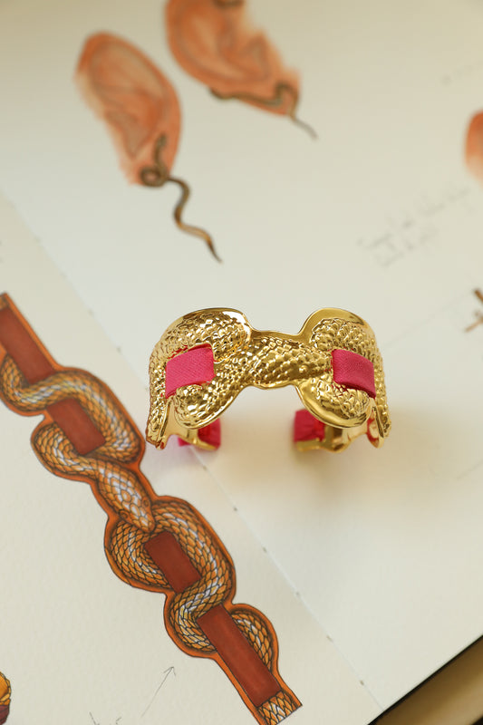 Upcycled Serpentaire cuff with neon pink gingham