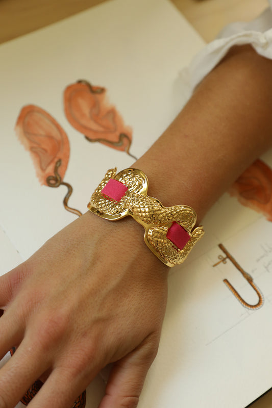 Upcycled Serpentaire cuff with neon pink gingham