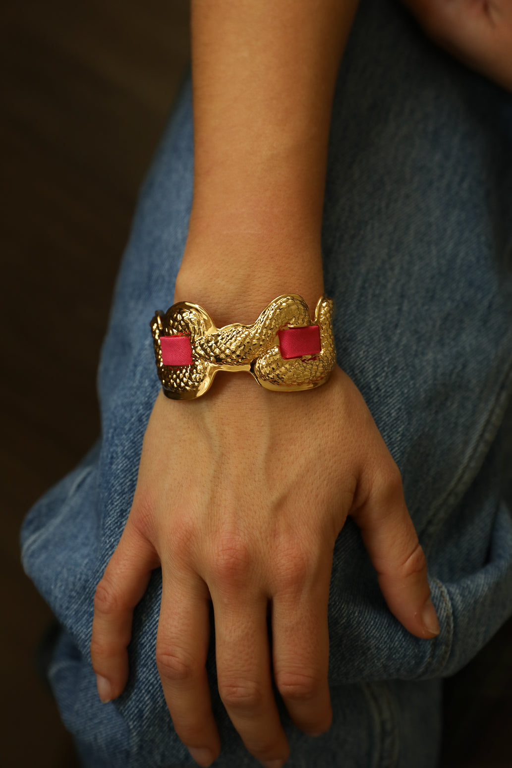 Upcycled Serpentaire cuff with neon pink gingham