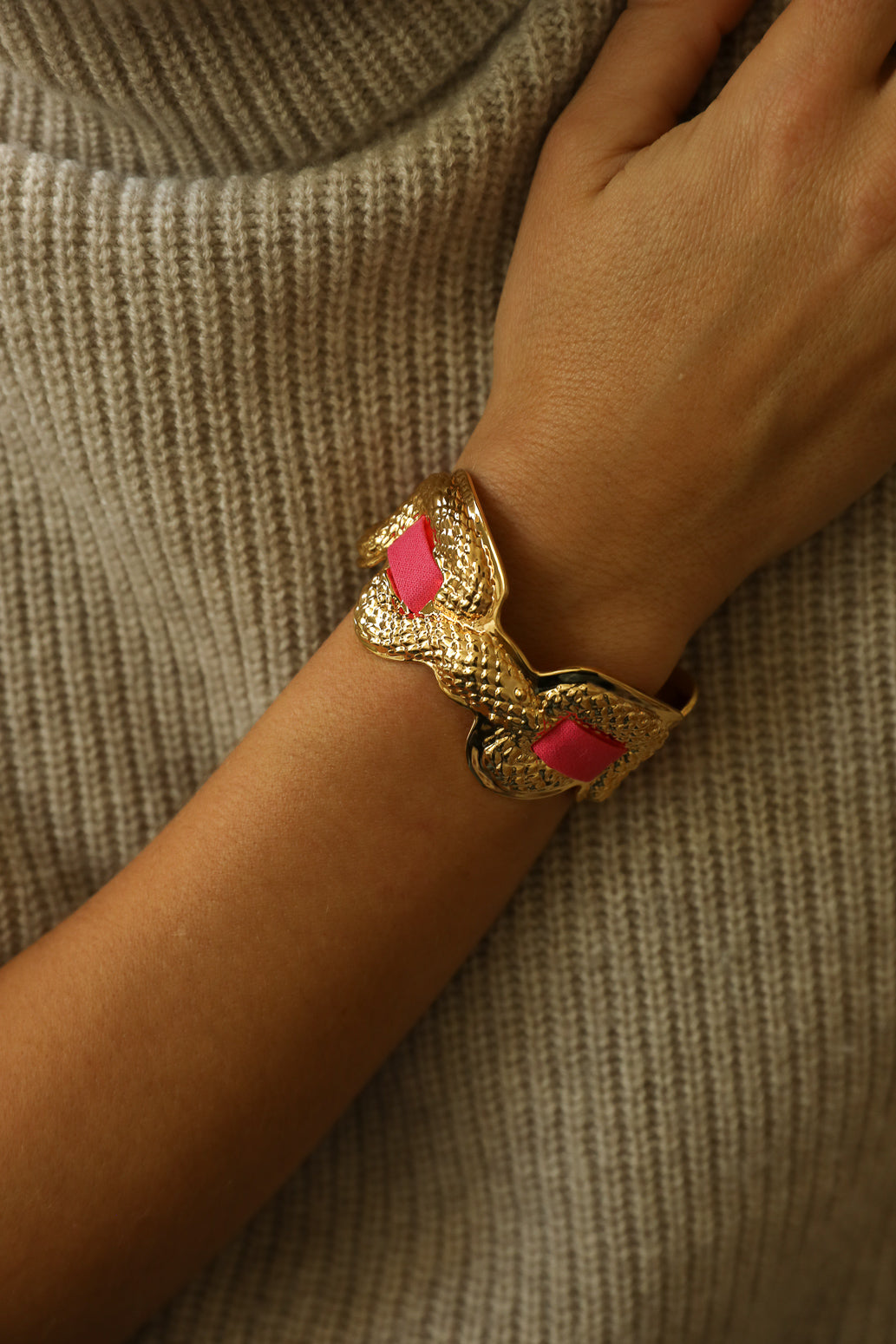 Upcycled Serpentaire cuff with neon pink gingham