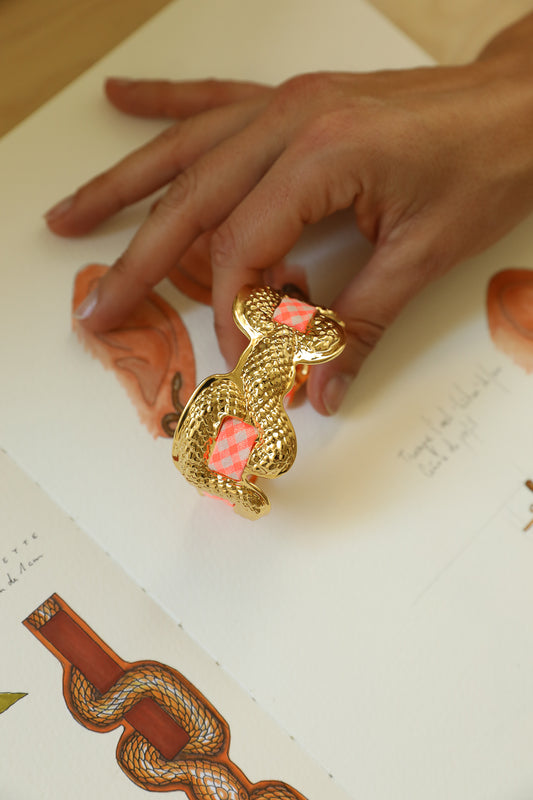 Upcycled Serpentaire cuff with neon pink gingham