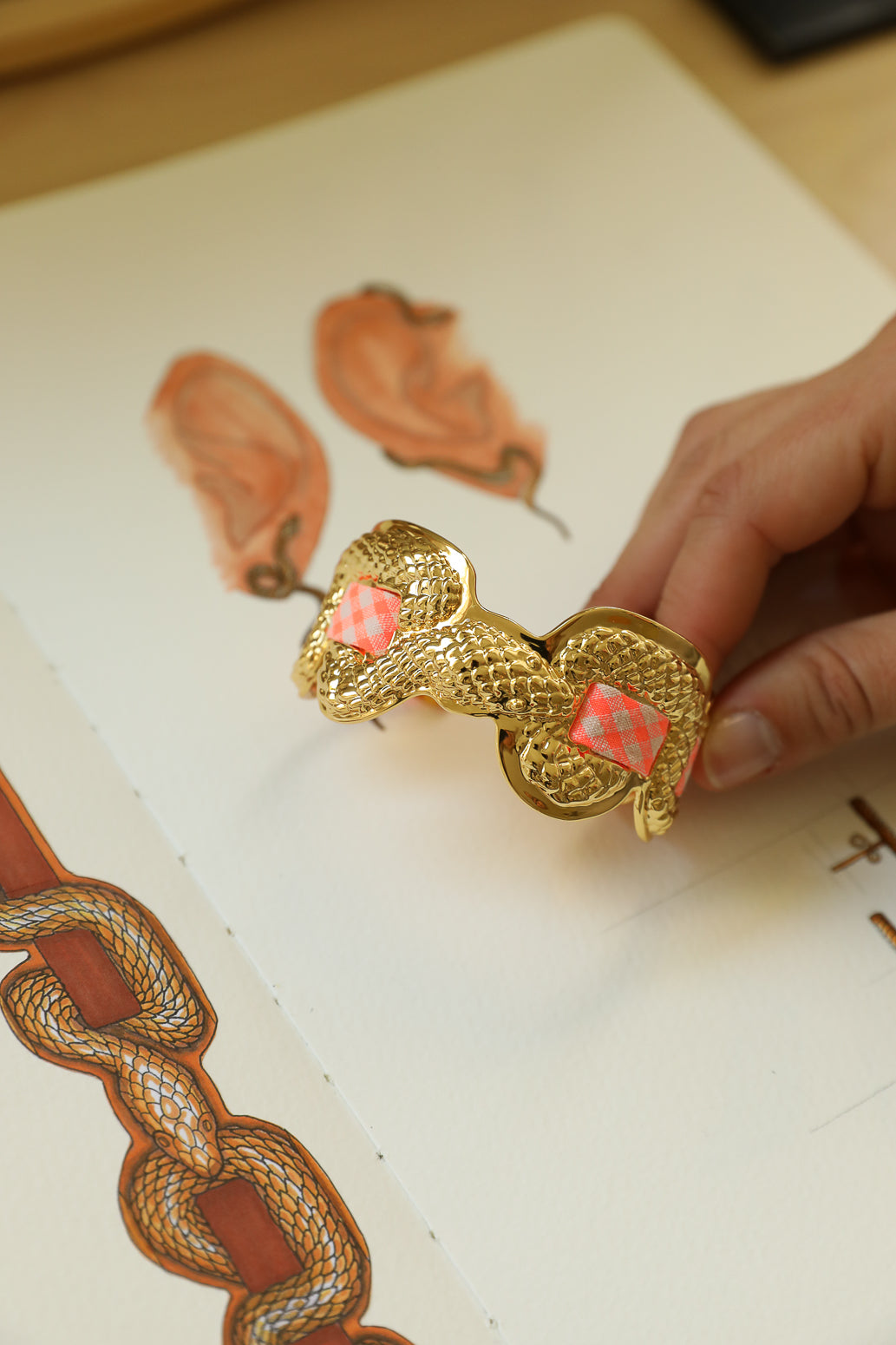 Upcycled Serpentaire cuff with neon pink gingham