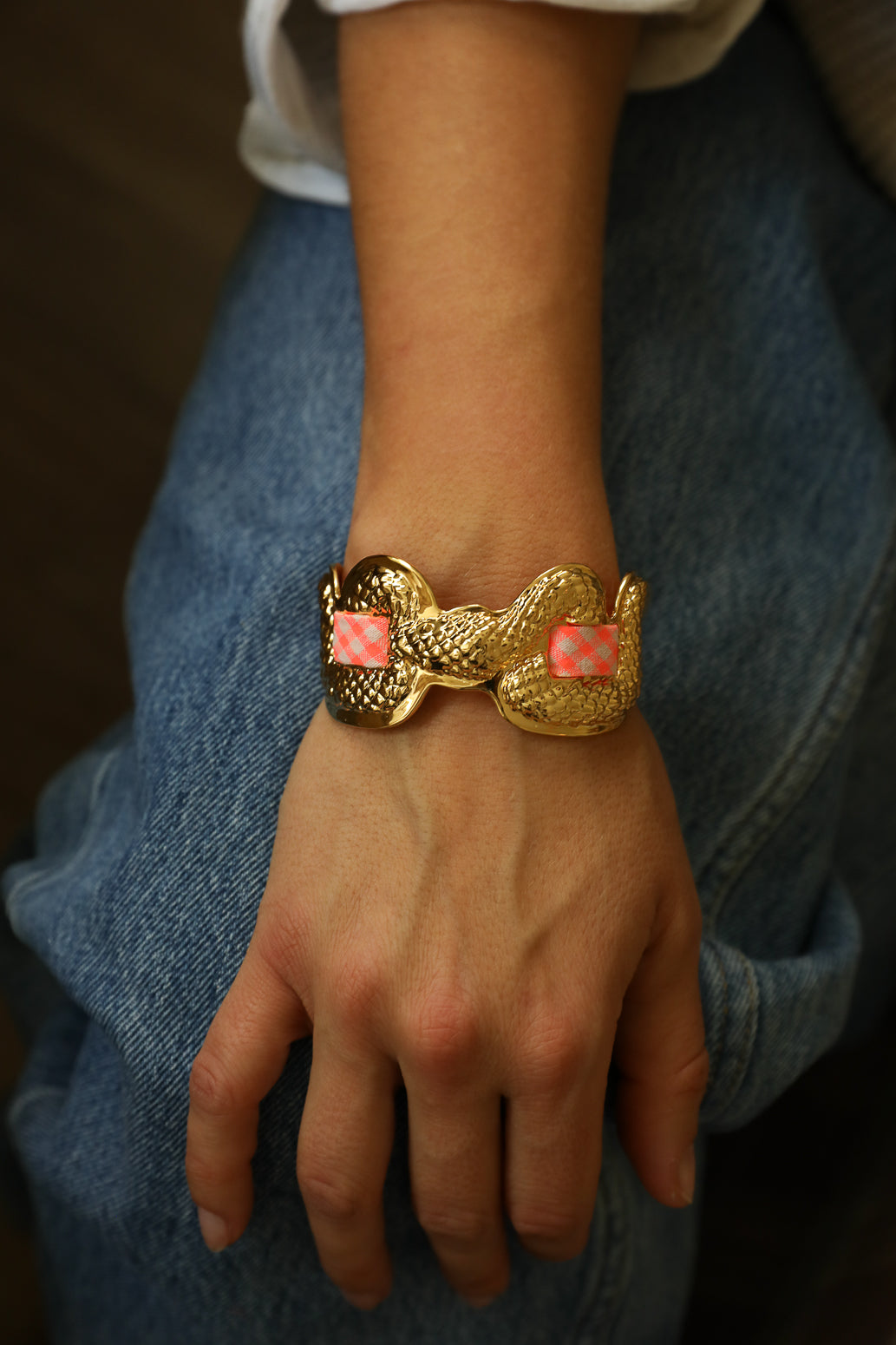 Upcycled Serpentaire cuff with neon pink gingham