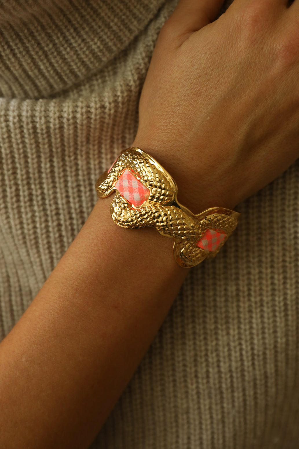 Upcycled Serpentaire cuff with neon pink gingham
