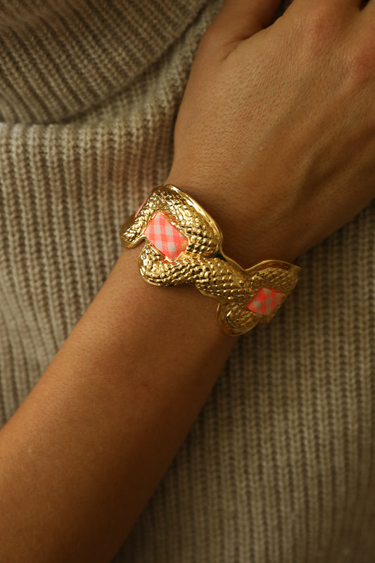 Upcycled Serpentaire cuff with neon pink gingham