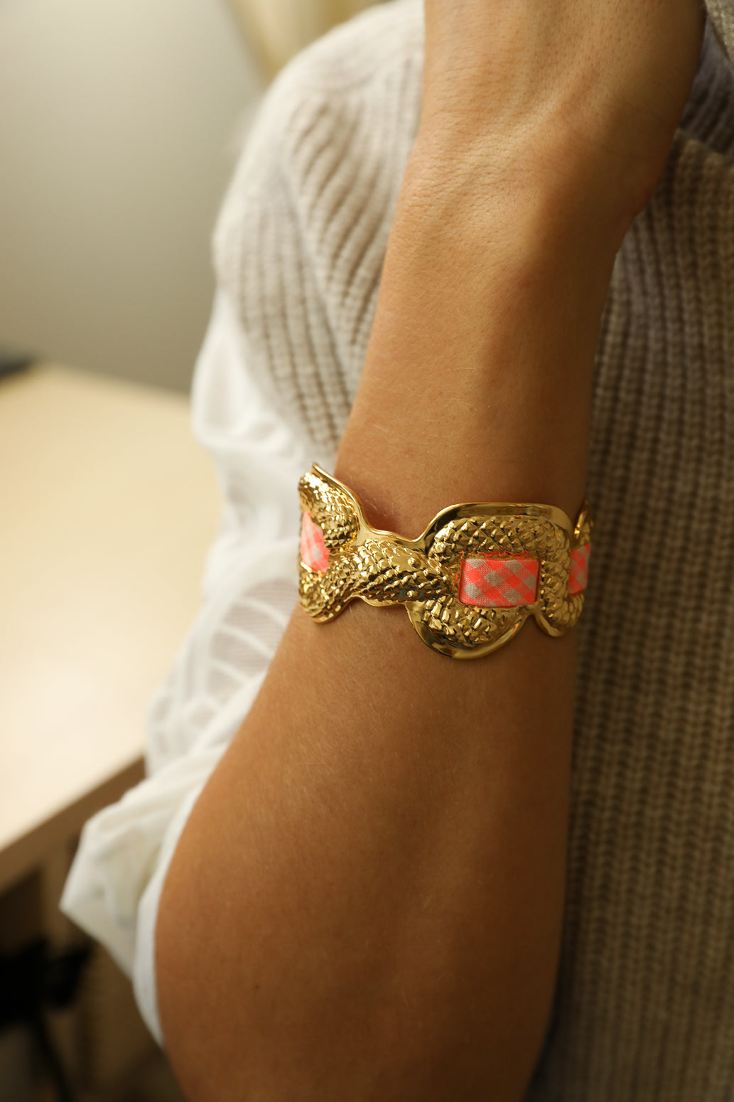 Upcycled Serpentaire cuff with neon pink gingham