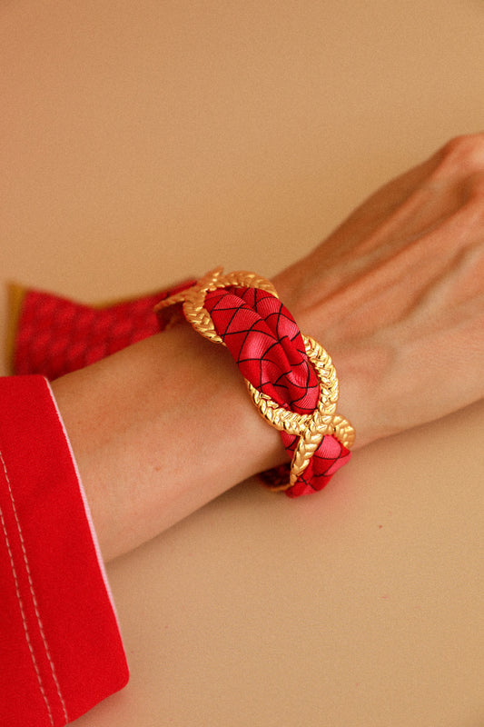 Manchette Tresse et ruban Arlequin rose et rouge