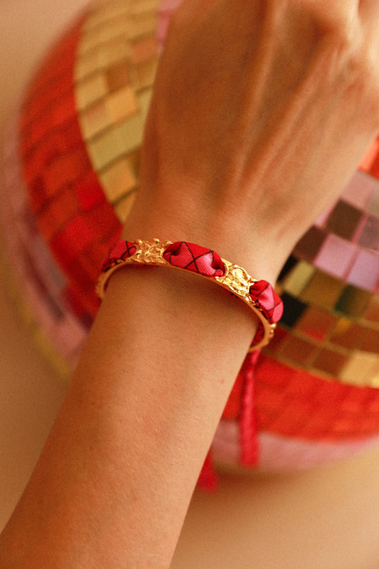 Bracelet Féérie et ruban Arlequin rose et rouge