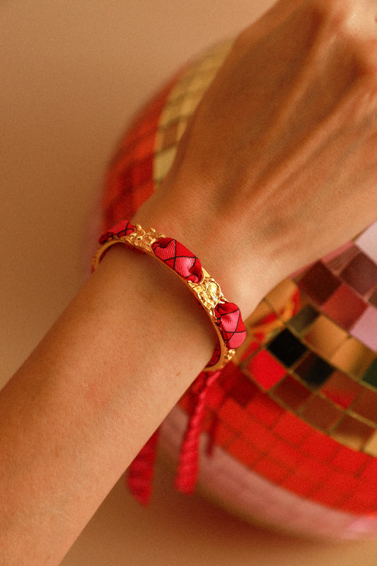 Bracelet Féérie et ruban Arlequin rose et rouge