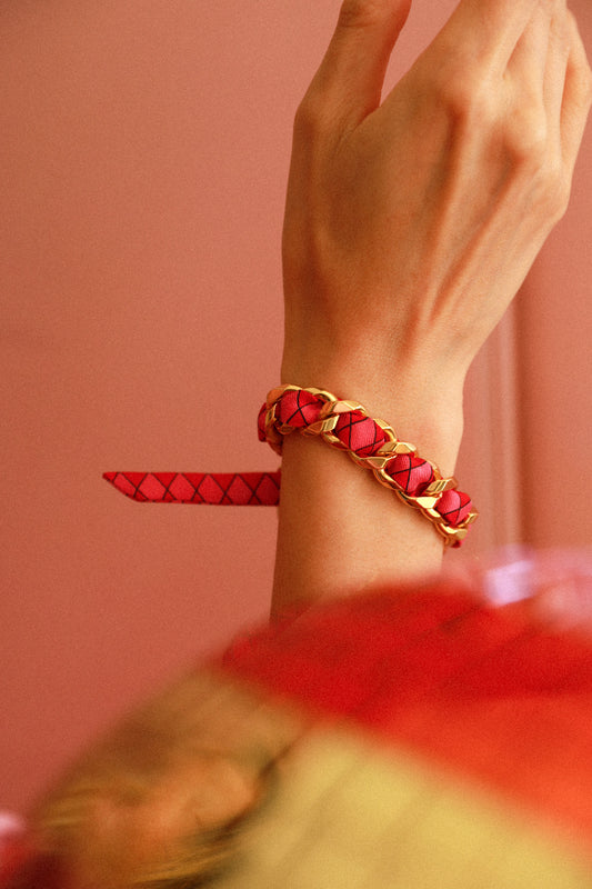 Bracelet Décembre et ruban Arlequin rose et rouge