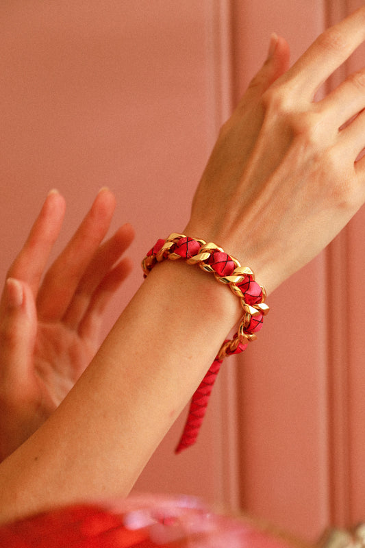 Bracelet Décembre et ruban Arlequin rose et rouge