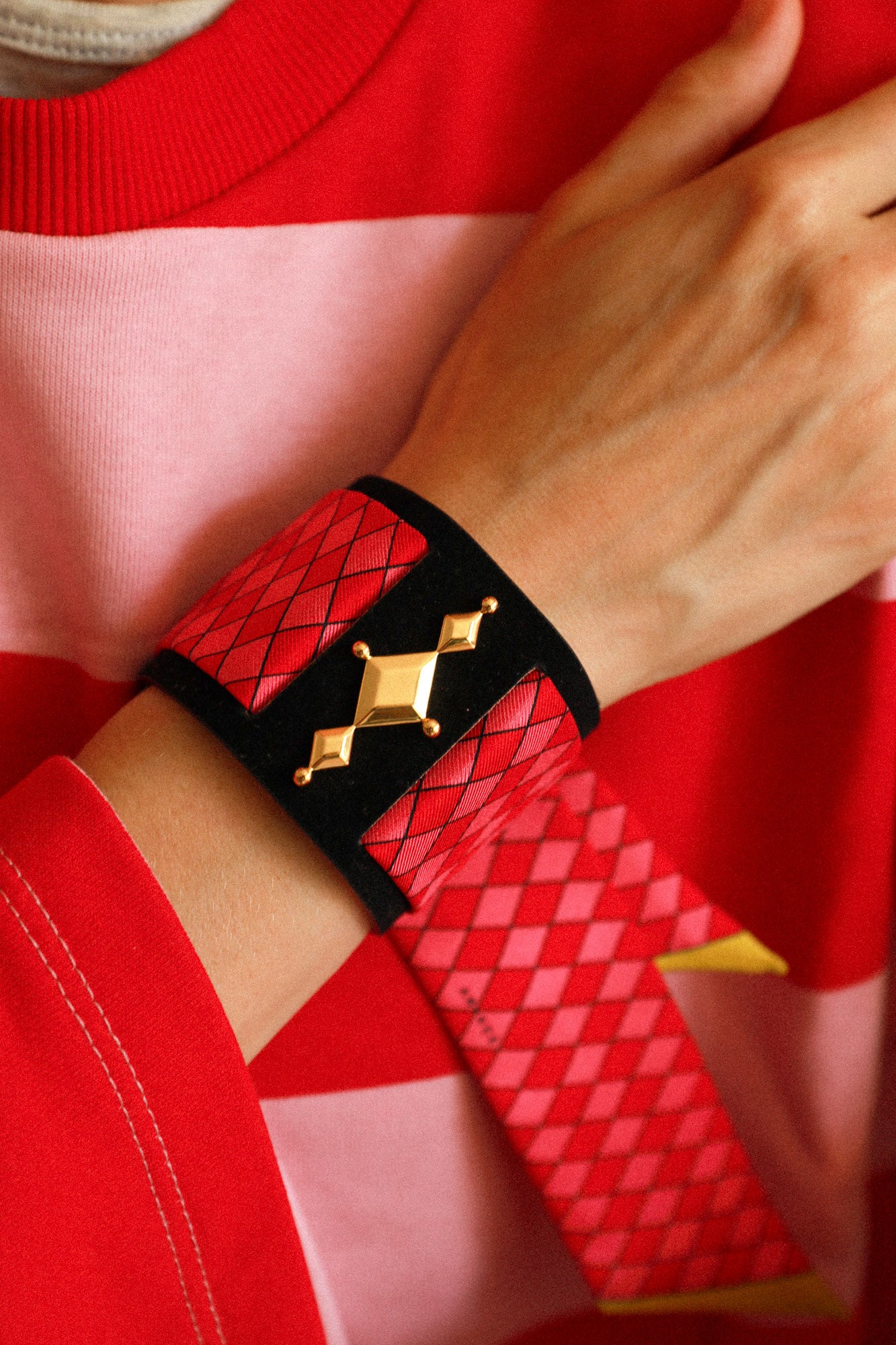 Circus cuff and Harlequin ribbon, pink and red