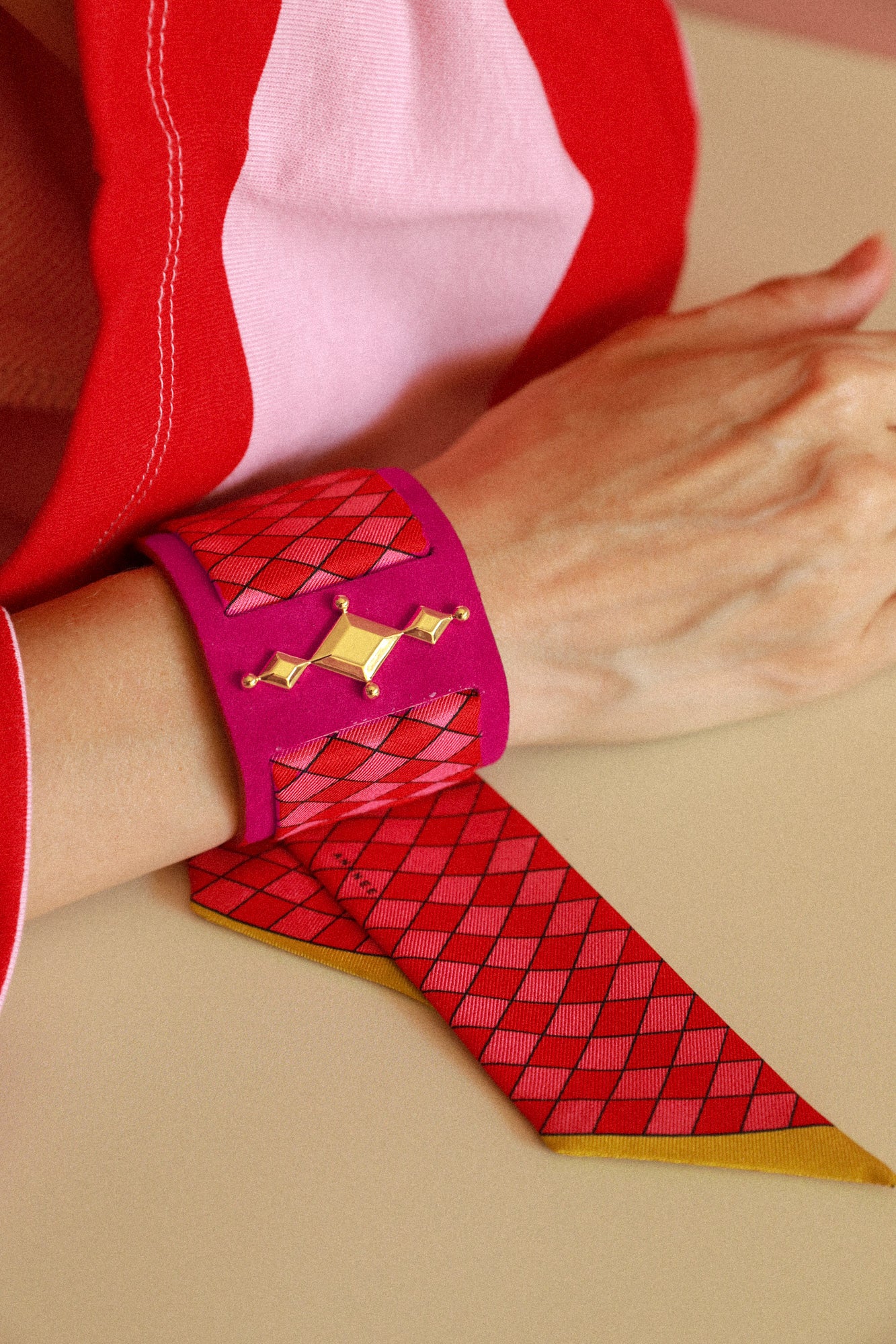 Circus cuff and Harlequin ribbon, pink and red