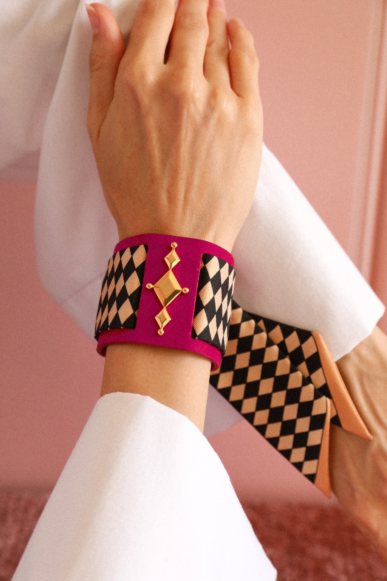 Circus cuff and Harlequin ribbon, beige and black