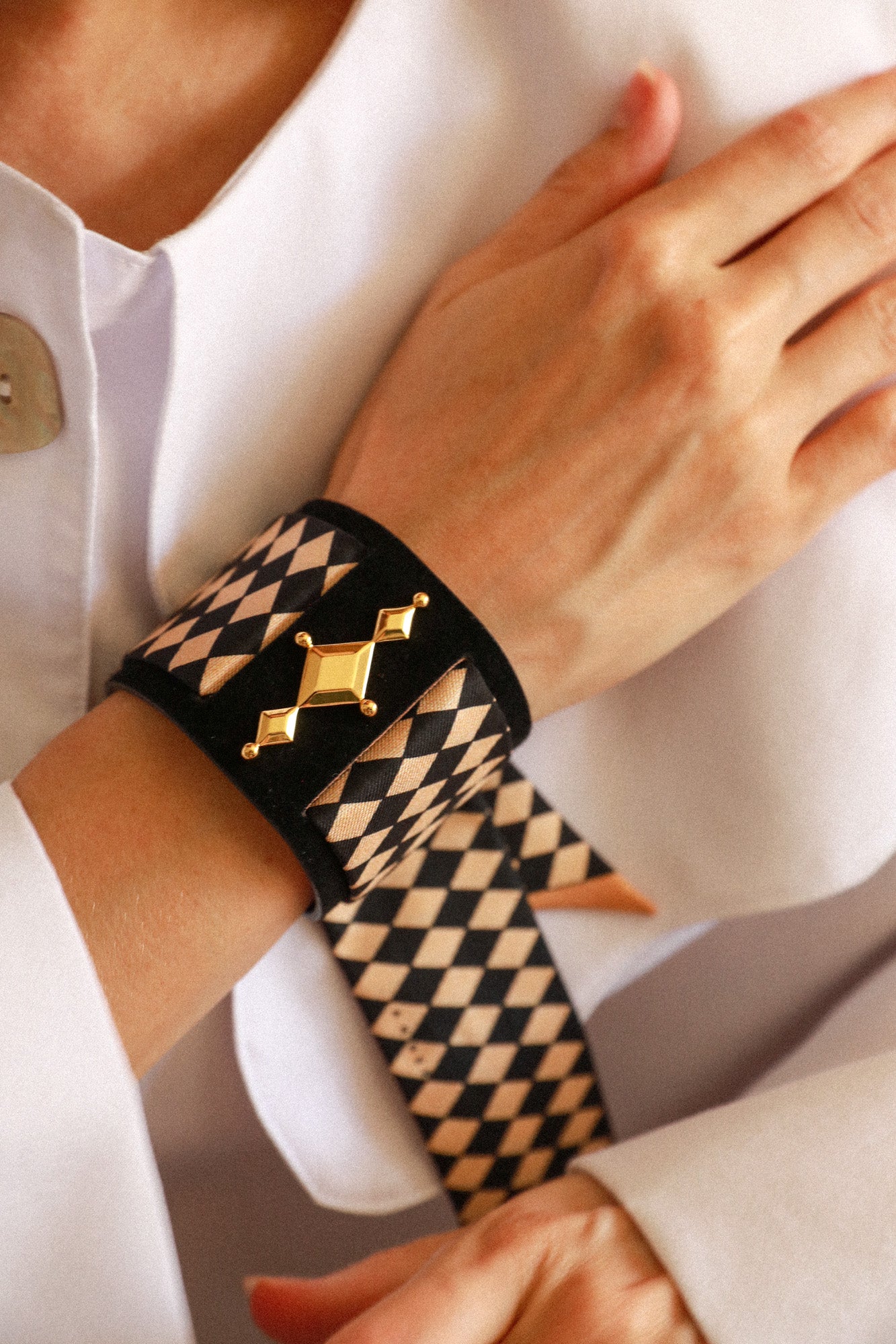 Circus cuff and Harlequin ribbon, beige and black