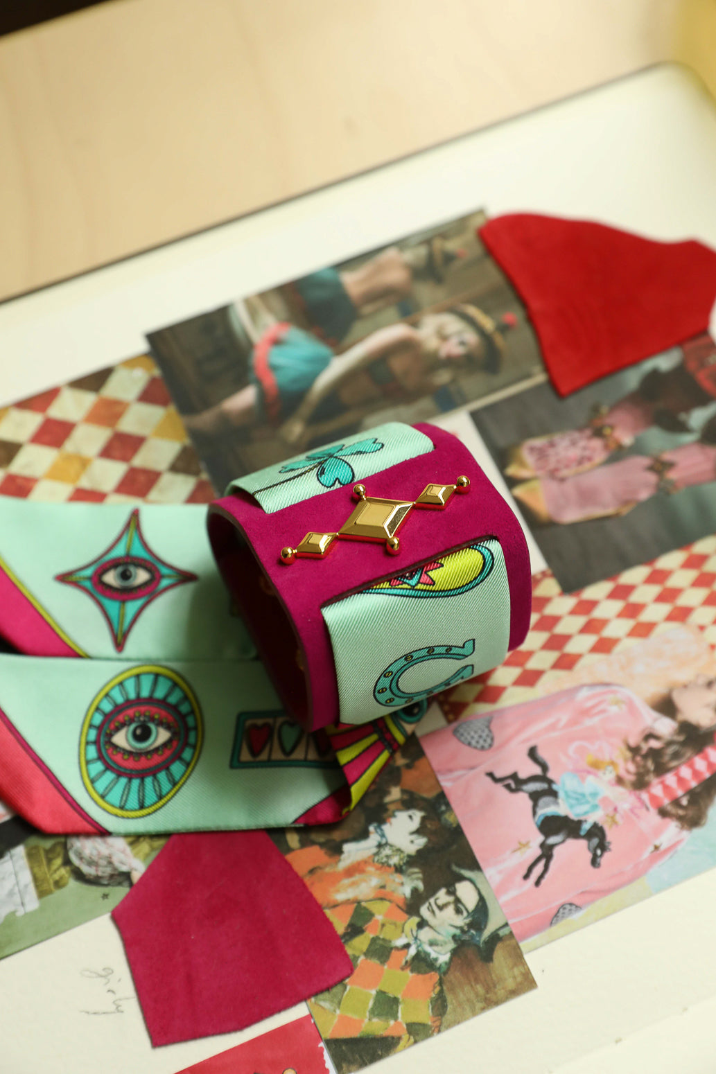 Manchette Circus rose et ruban Luckyou vert d'eau
