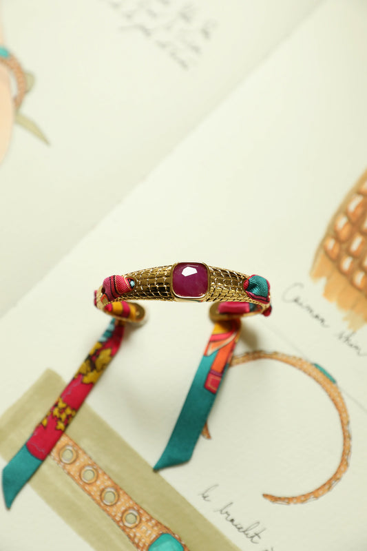 Caïman bracelet in fuchsia agate and colorful Marinière ribbon