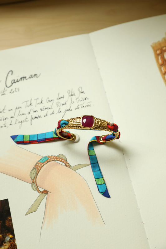 Caïman bracelet in fuchsia agate and colorful Marinière ribbon