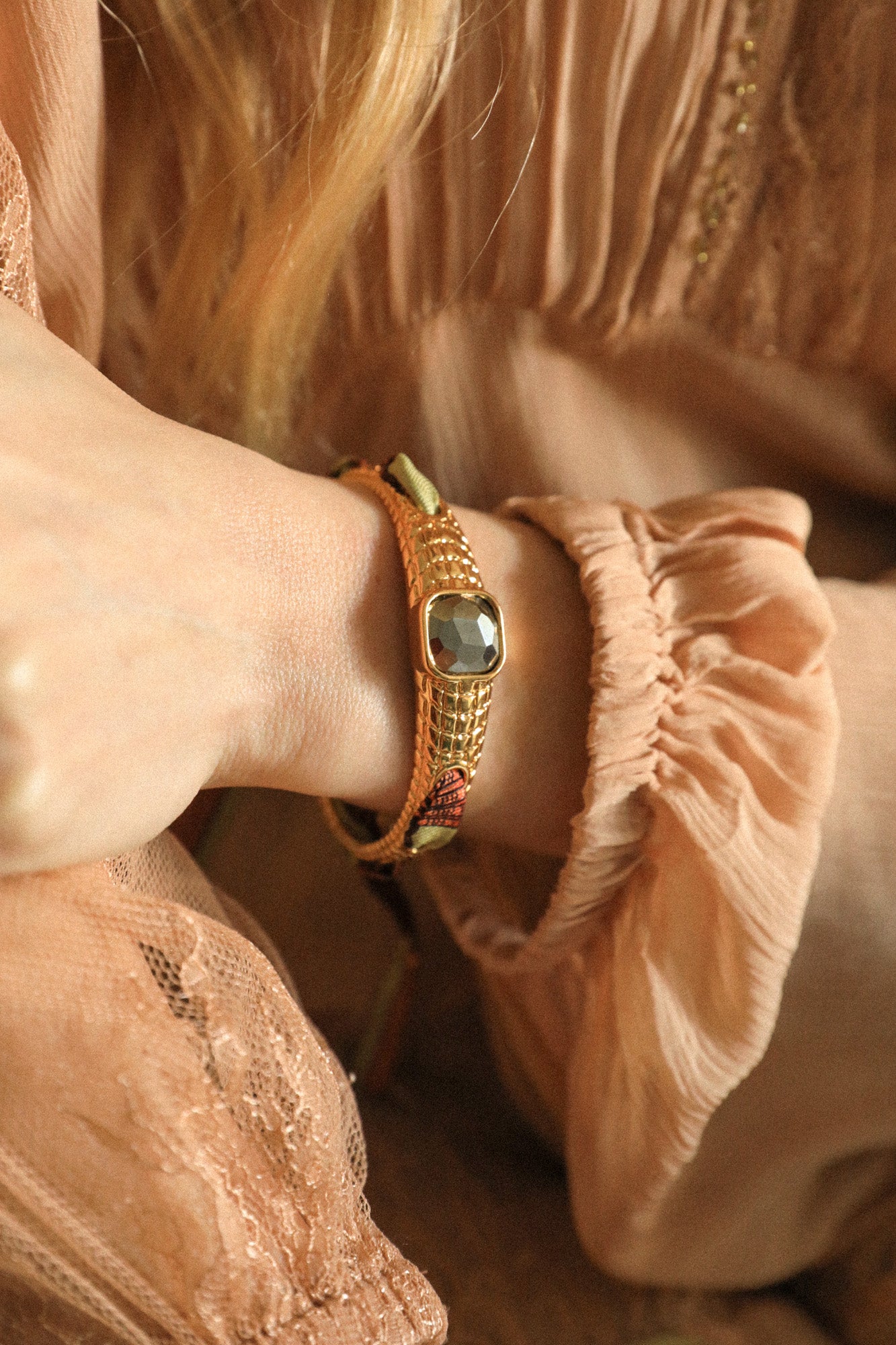 Bracelet Caïman en pyrite et ruban Coquillage neutre