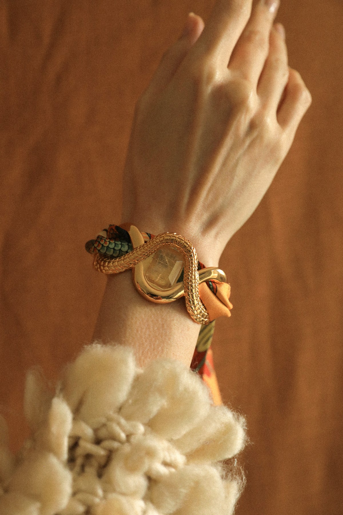 Pyrite Caiman Cuff and Neutral Parrot Ribbon