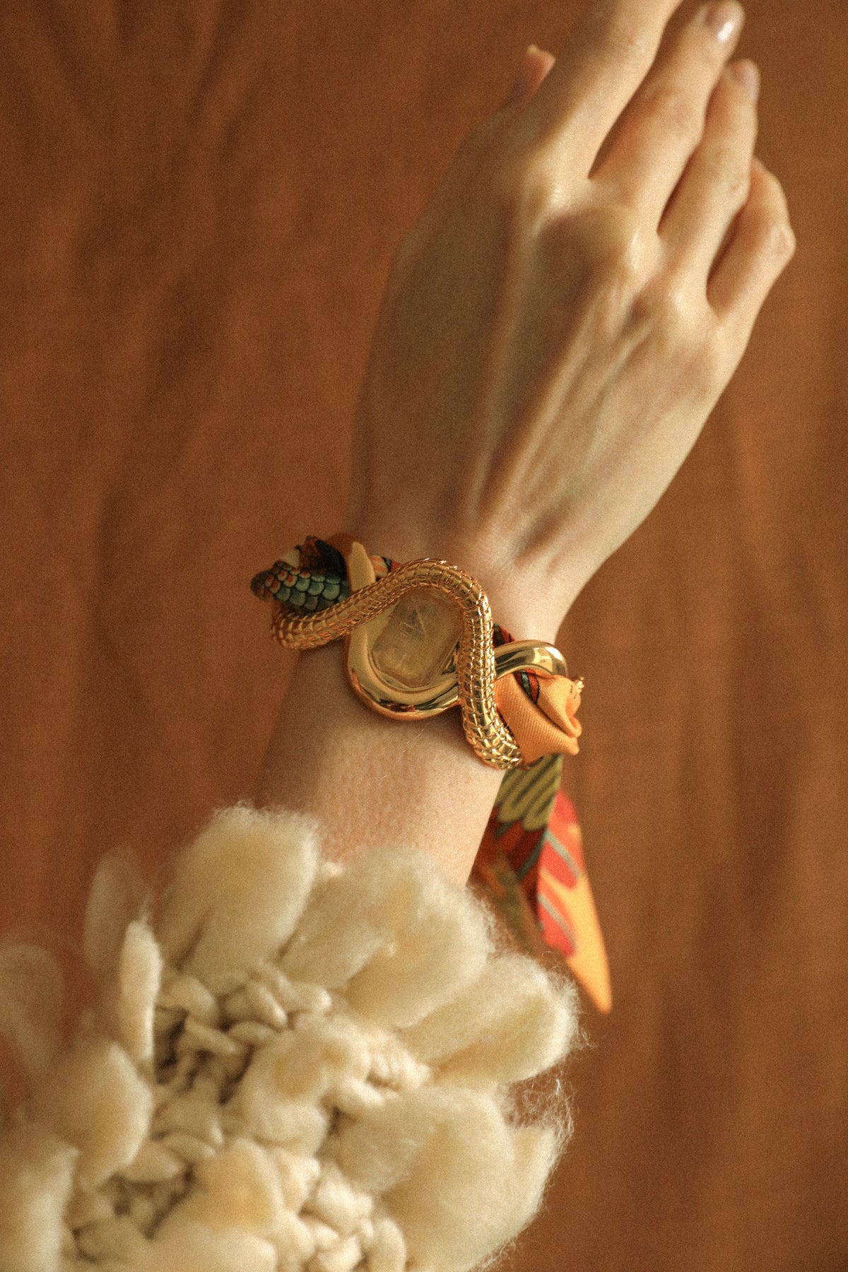 Pyrite Caiman Cuff and Neutral Parrot Ribbon