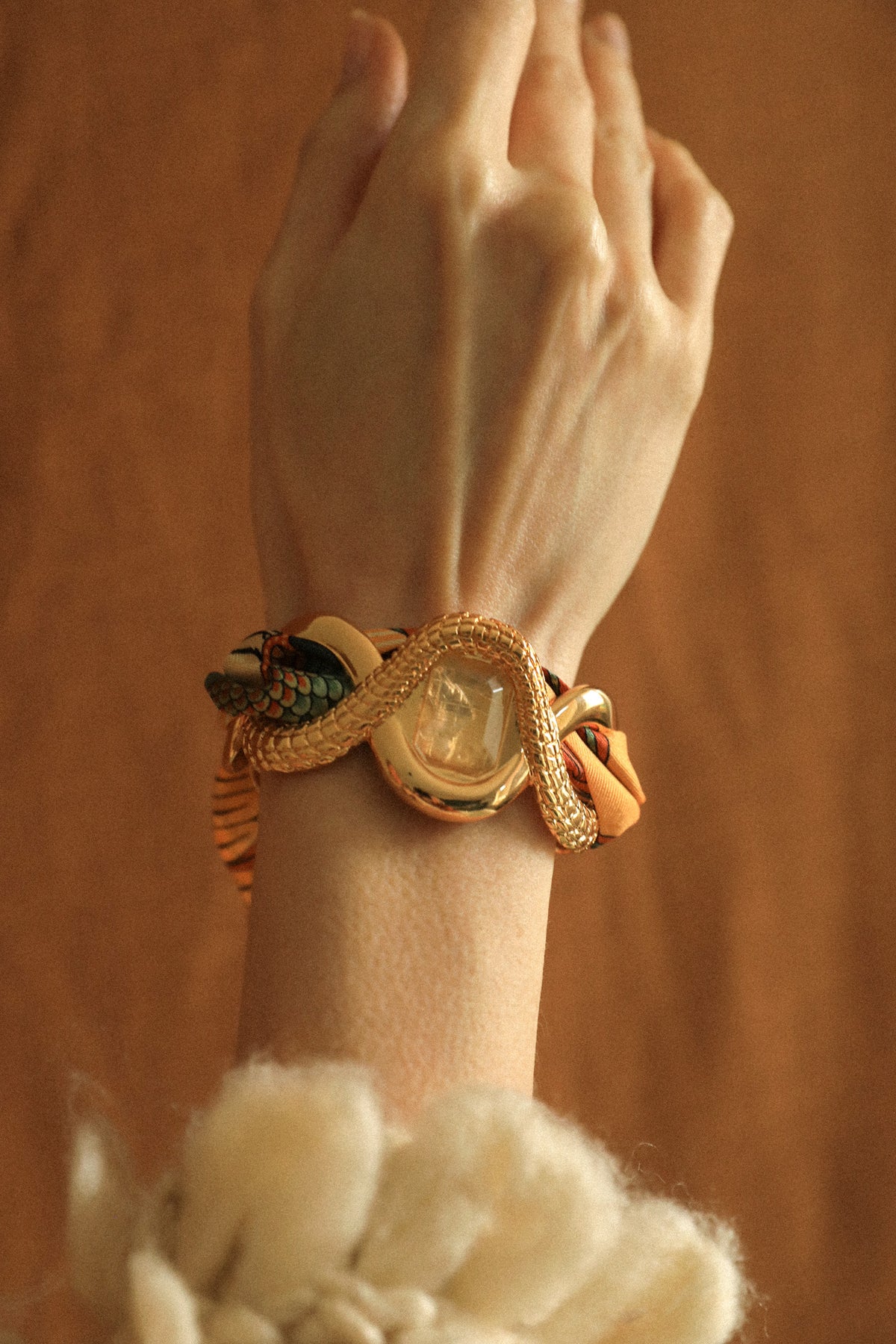 Pyrite Caiman Cuff and Neutral Parrot Ribbon